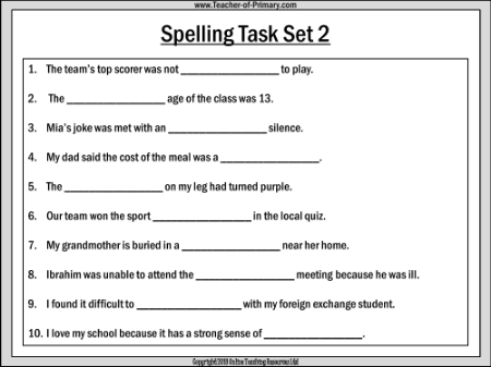 Spellings - Set 2 Worksheet