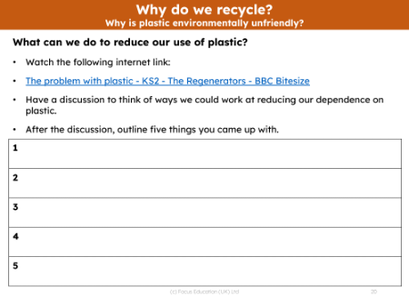 Why is plastic environmentally unfriendly? - What can we do to reduce our use of plastic? - Worksheet