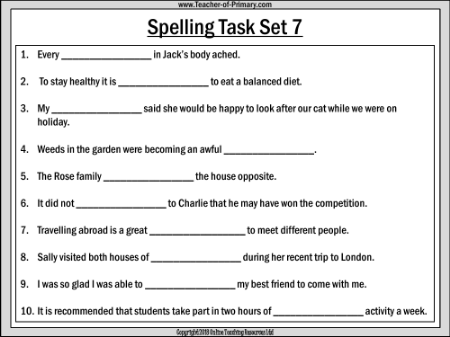 Spellings - Set 7 Worksheet