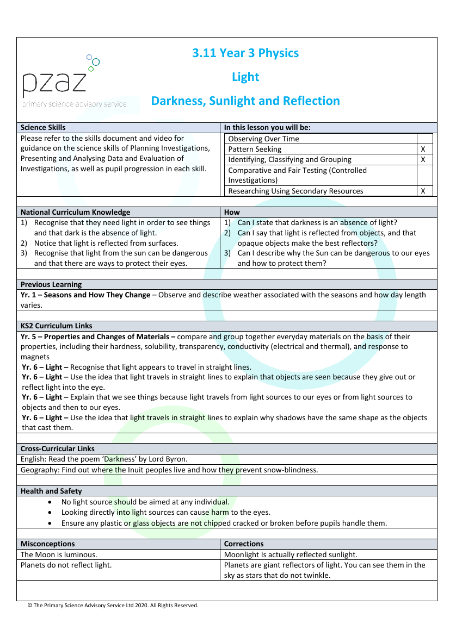 Darkness, Sunlight and Reflection - Lesson Plan