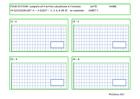  Division Set A 2 digit number - 2, 4 6, 8 or 10 no remainder