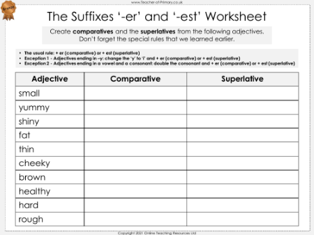 The Suffixes '-er' and 'est' - Worksheet