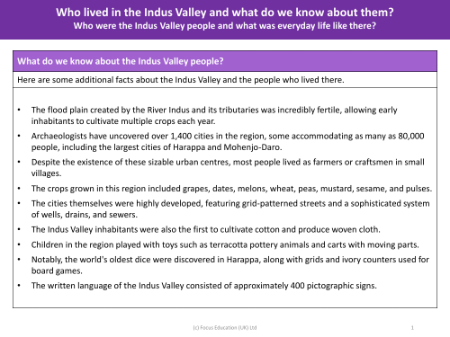 Additional Facts about the Indus Valley and people who lived there - Indus Valley - Year 4