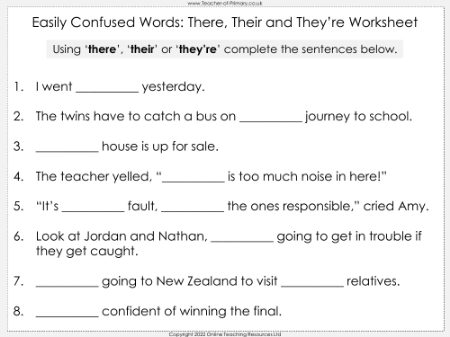 Easily Confused Words - There, Their and They're - Worksheet