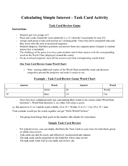 Calculating Simple Interest - Task Card Activity