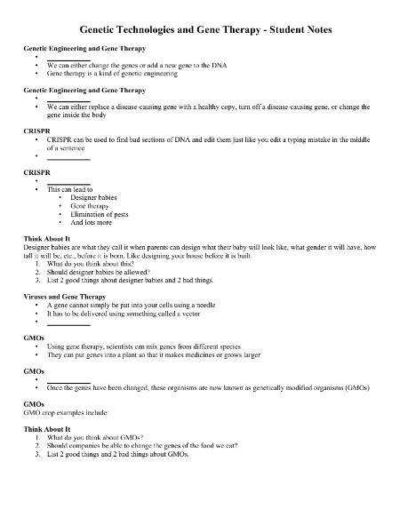 Genetic Technologies and Gene Therapy Introduction - Student Lesson Outline