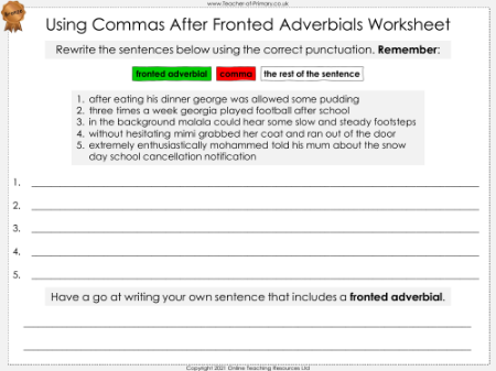 Using Commas After Fronted Adverbials - Worksheet
