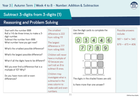 Subtract a 3-digit number from a 3-digit number â€” no exchange: Reasoning and Problem Solving