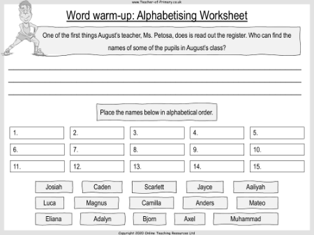 First-day Jitters and Locks - Word warm-up: Alphabetising