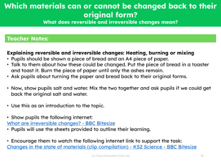 What does reversible and irreversible changes mean? - Teacher notes