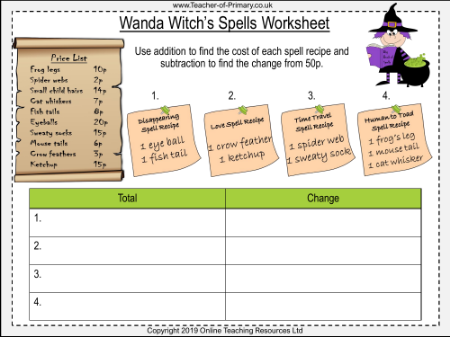 Wanda Witch's Spells - Money Problems - Worksheet