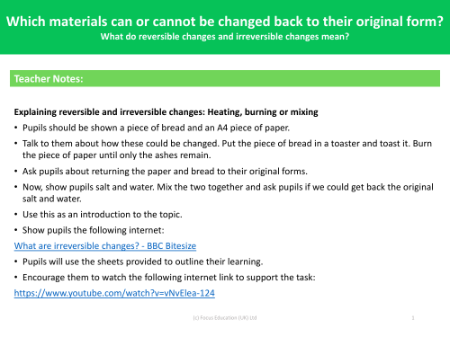 What does reversible and irreversible changes mean? - Teacher notes