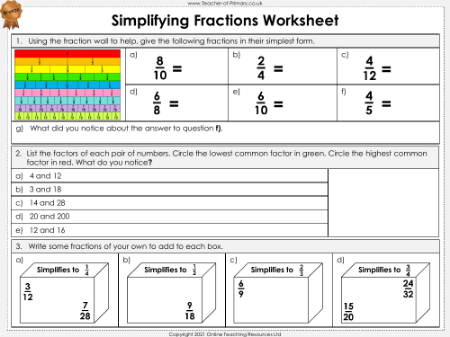 Simplifying Fractions - Worksheet