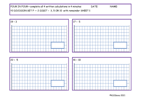 Division Set E 2 digit number 3, 5 or 10 with remainder