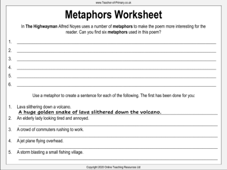 The Highwayman - Lesson 13 - Metaphors Worksheet