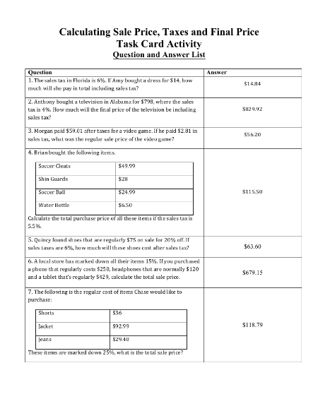 Calculating Sale Price, Taxes and Final Price - Task Cards Activity Answers