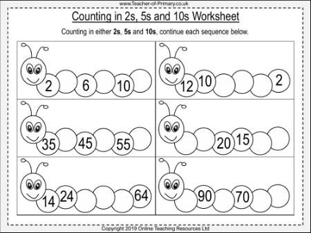 Counting in 2s, 5s and 10s - Worksheet