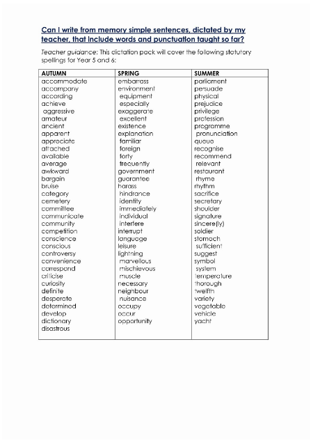 Year 5 and Year 6 Spring Term Spellings - Worksheet