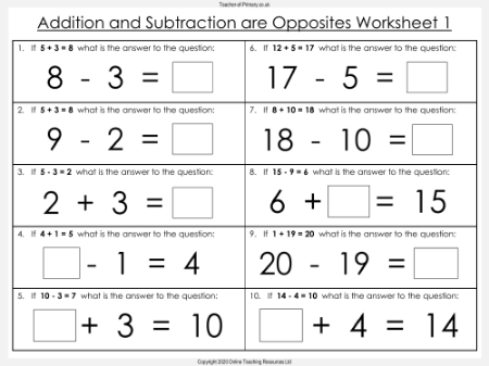 Addition and Subtraction are Opposites - Worksheet