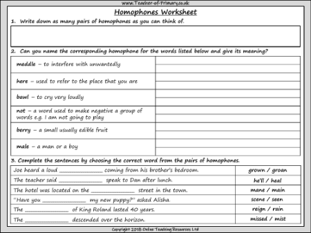 Homophones - Worksheet