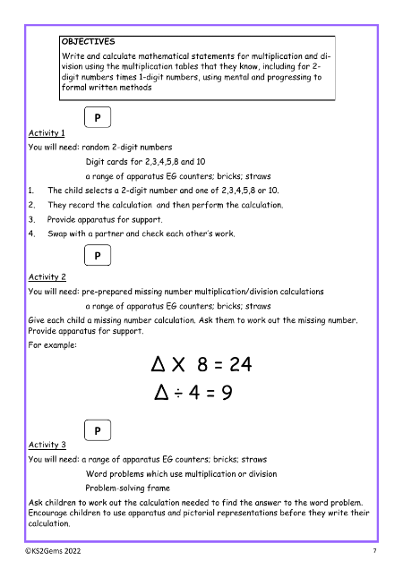 Calculations from times tables worksheet