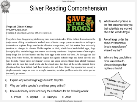 Silver Reading Comprehension Worksheet