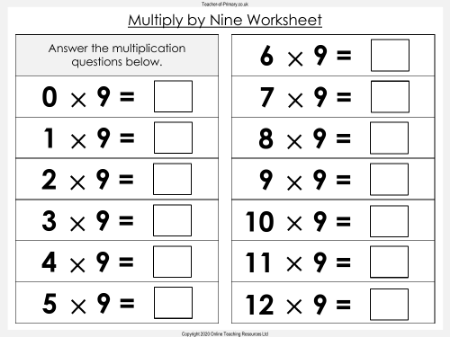 Multiply by Nine - Worksheet