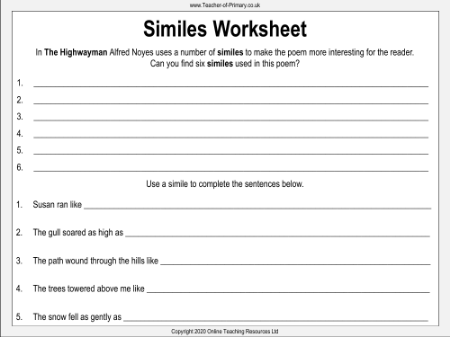 The Highwayman - Lesson 12 - Similes Worksheet