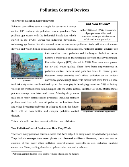 Pollution Control Devices - Reading with Comprehension Questions