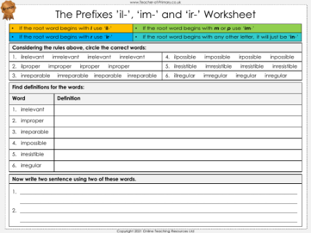 The Prefixes 'il-', 'im' and 'ir' - Worksheet