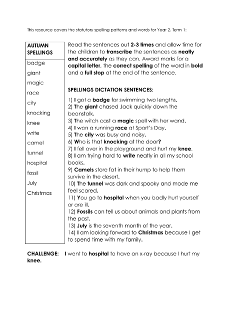 1st Grade Autumn Term Spellings - Worksheet