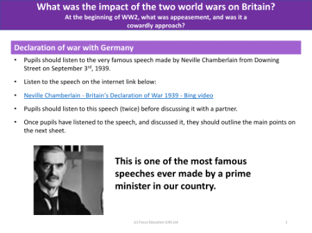 Declaration of war with Germany - World War 1 and 2 - Year 6