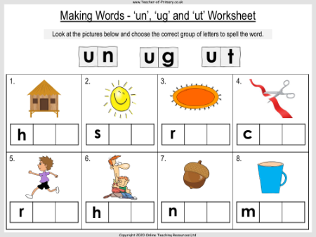 Making Words - 'un', 'ug' and 'ut' - Worksheet
