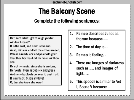 Romeo & Juliet Lesson 16: Act 2 - Balcony Scene Worksheet