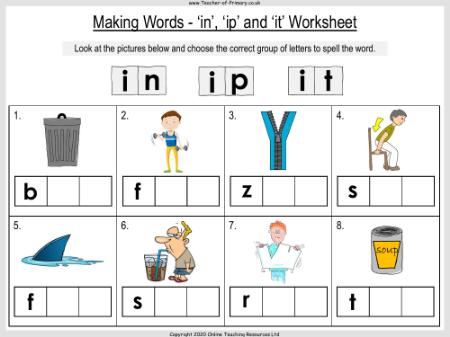 Making Words - 'in', 'ip' and 'it' - Worksheet