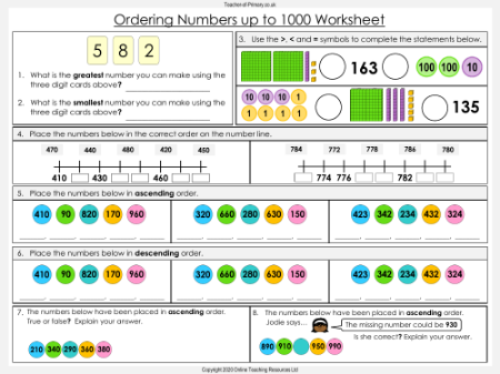 Ordering Numbers up to 1000 - Worksheet