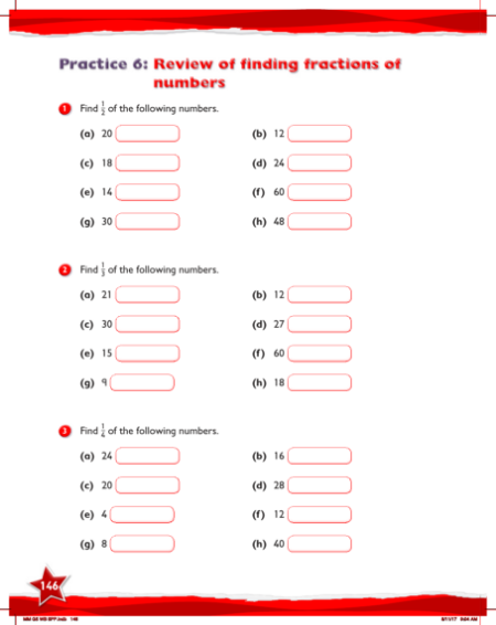 Work Book, Review of finding fractions of numbers