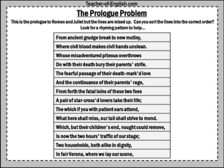 Romeo & Juliet Lesson 5: The Prologue - The Prologue Problem Worksheet