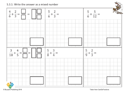 Add proper fractions denominator multiples mixed number answer