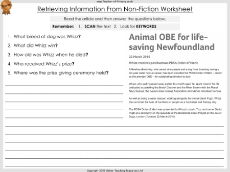 Retrieving and Recording Information - Non - Fiction - Worksheet
