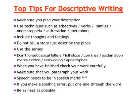 Descriptive Writing - Lesson 5 - Top Tips Worksheet
