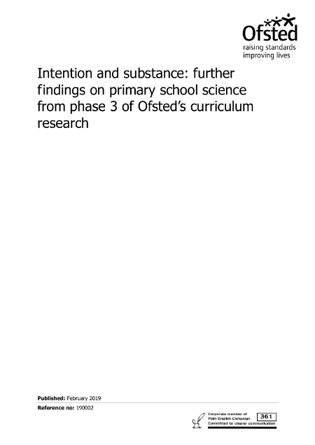 Intention and Substance Findings paper on K-5 School Science