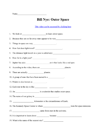 Bill Nye - Outer Space Worksheet with Answers