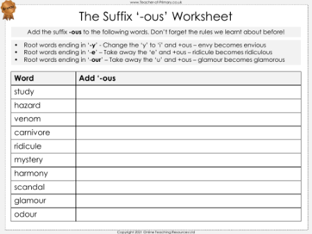 The Suffix '-ous' - Worksheet