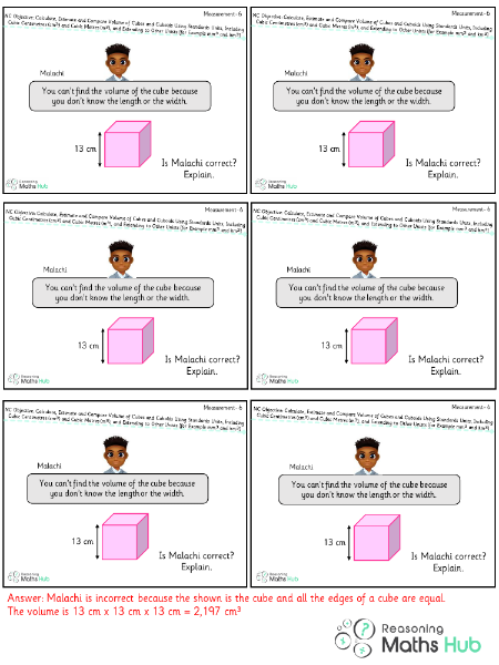 Calculate, estimate and compare volume of cubes and cuboids using standards units, including cubic centimetres and cubic metres (m3), and extending to other units [for example, mm3 and km3] 3 - Reasoning