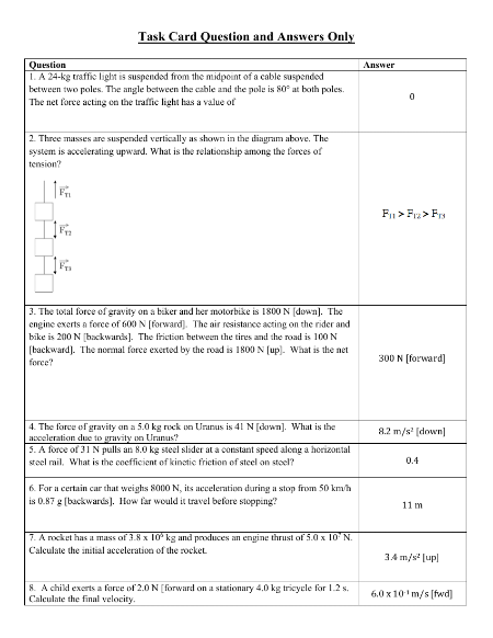 Forces - Task Cards with Answers