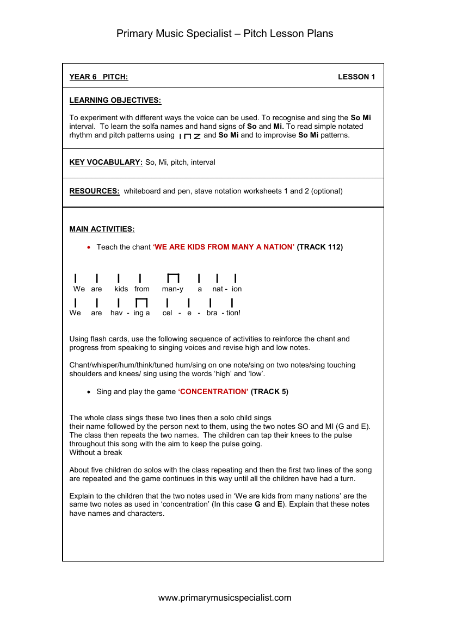 Pitch Lesson Plan - Year 5 Lesson 1