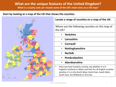 Locating counties in the UK - Worksheet - Year 3