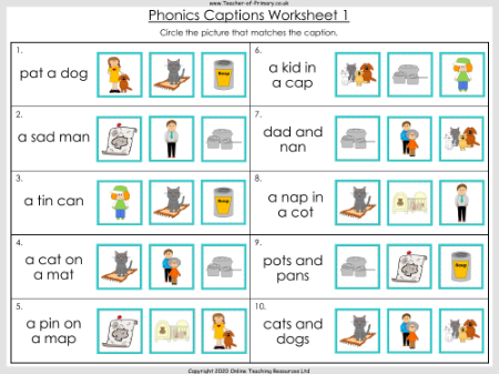 Phonics Phase 2 Captions - English Phonics Teaching PowerPoint with Worksheets and Printable Flashcards - Worksheet