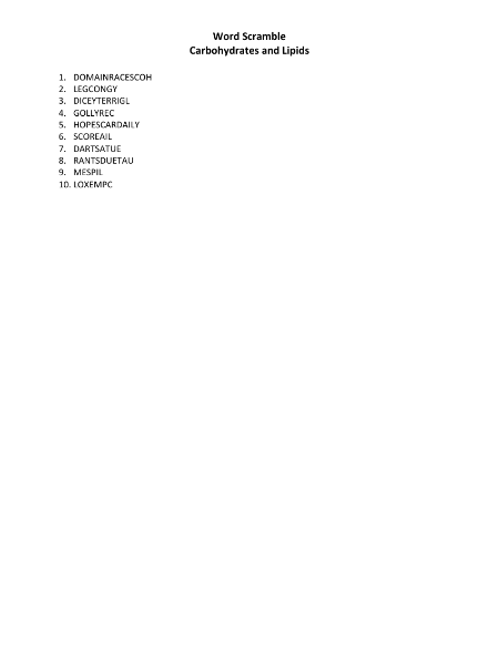 Carbohydrates and Lipids - Word Scramble